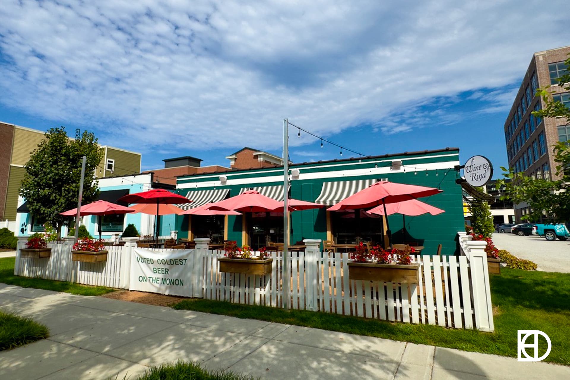 Exterior photo of Wine & Rind, showing entrance and patio