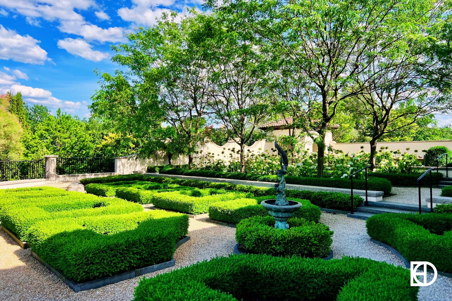 Exterior photo of RH Indy DeHann estate, showing the landscaped garden