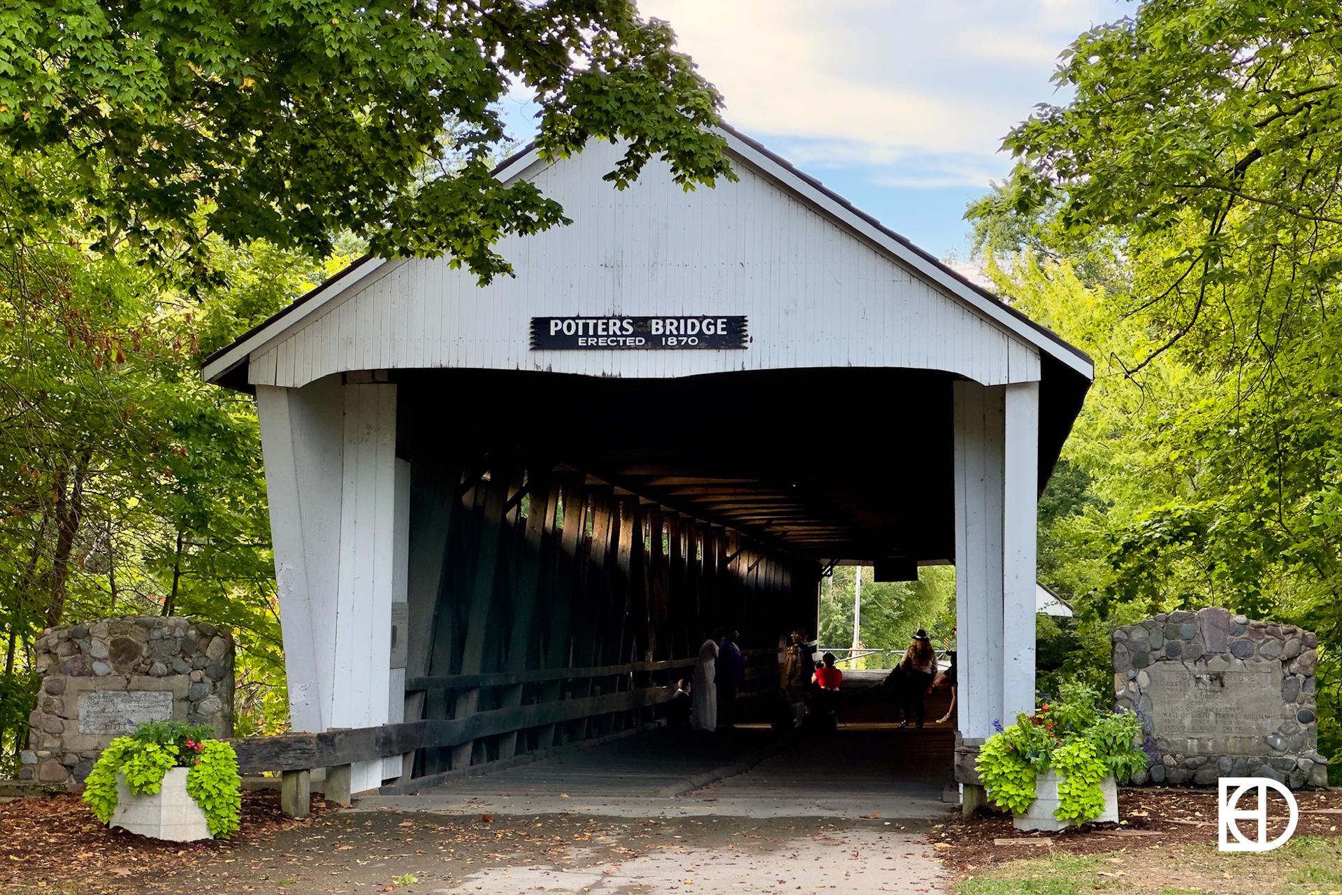 Exterior photo of Potter's Bridge Park, showing covered bridge 