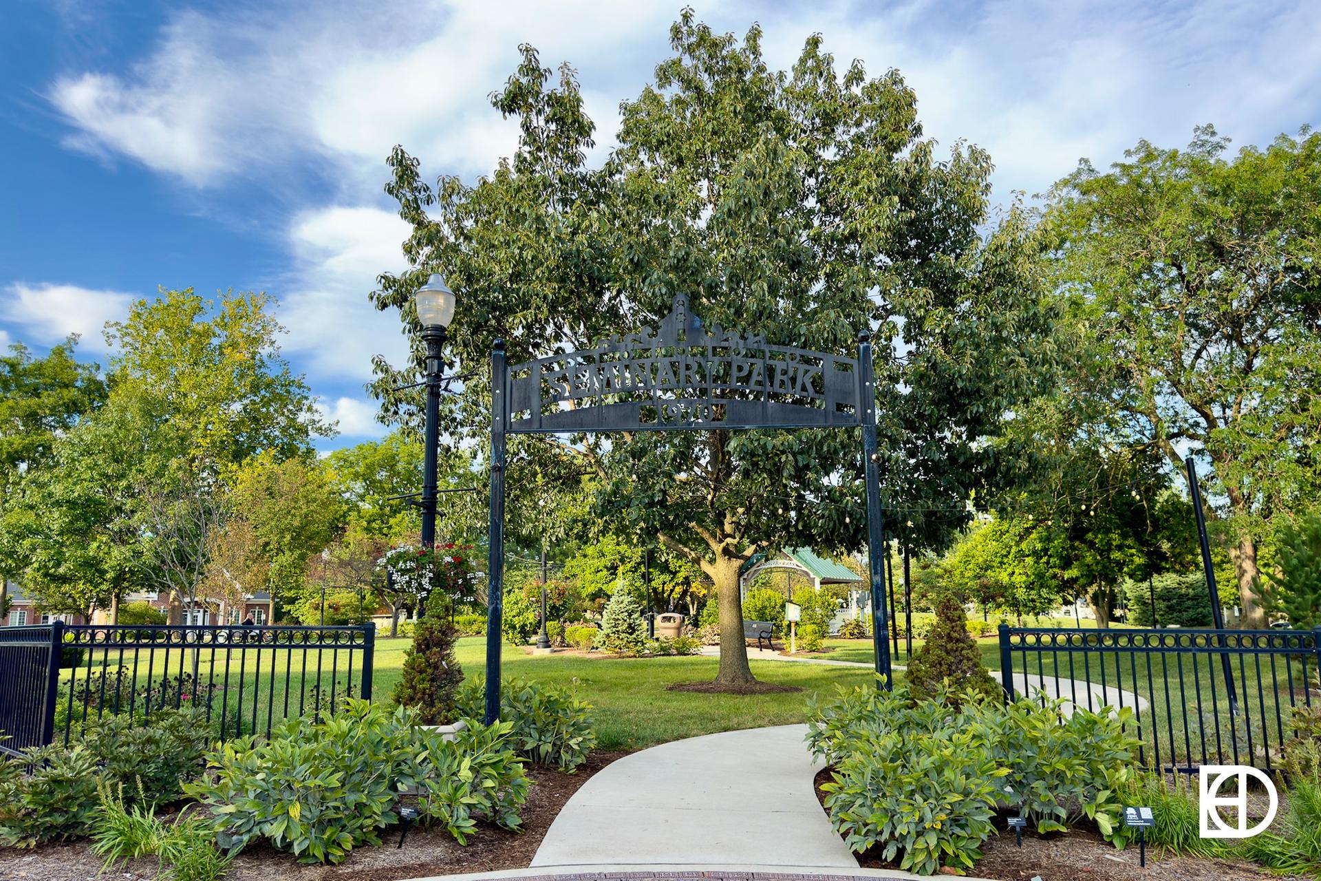 Exterior photo of Seminary Park, showing paths and landscaping