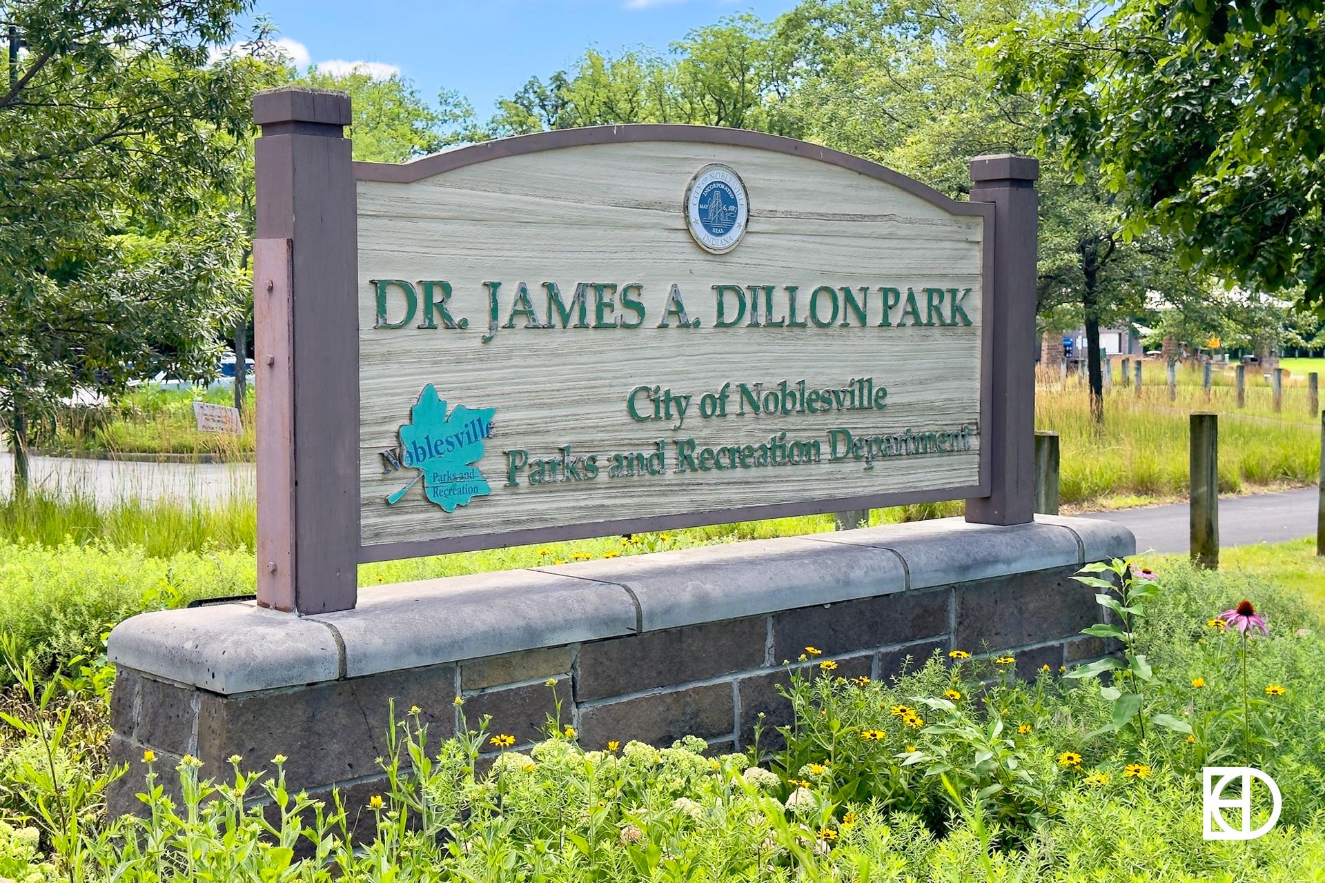 Exterior photo of Dillon Park, showing signage