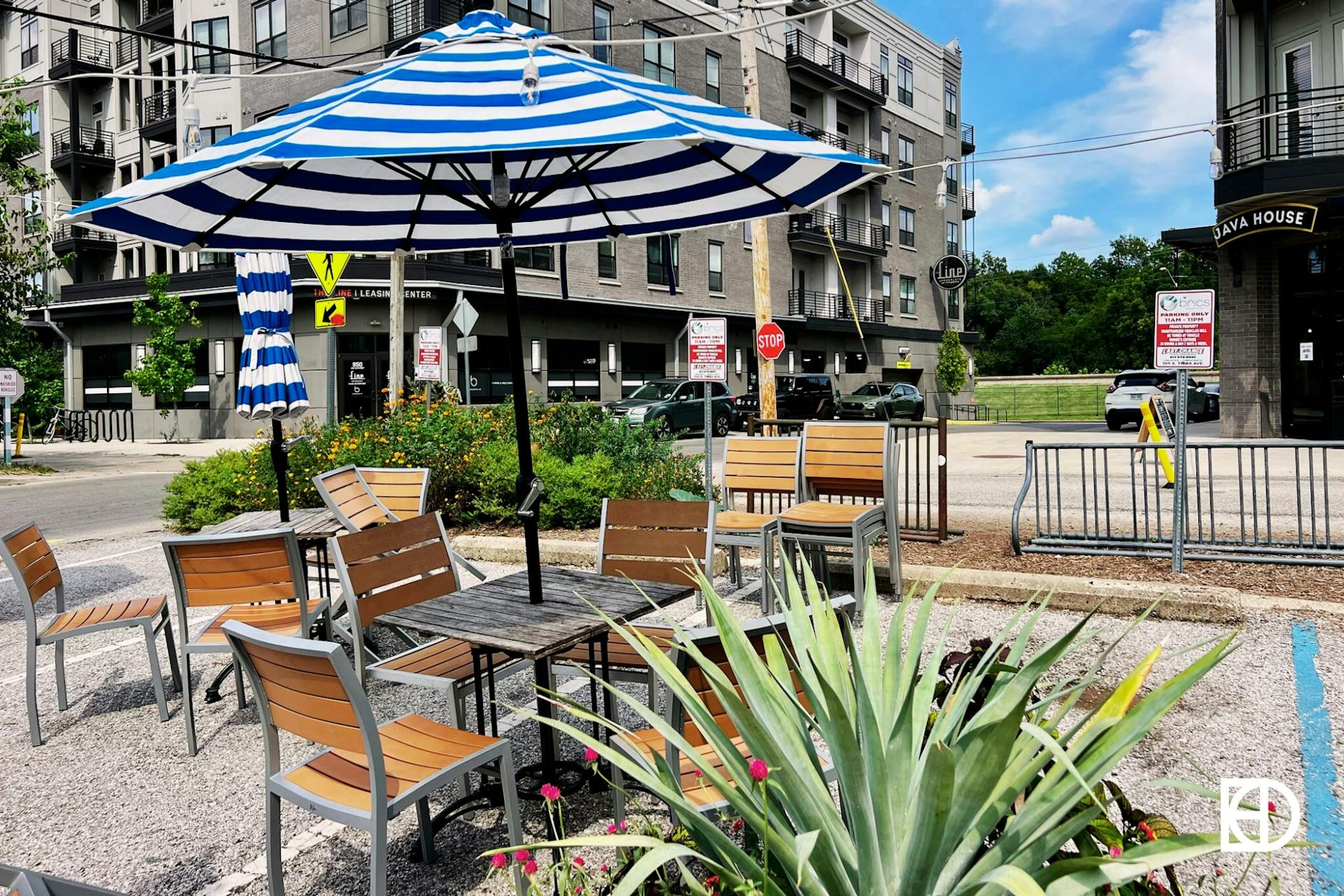 Outdoor photo of BRICS Indy, showing patio