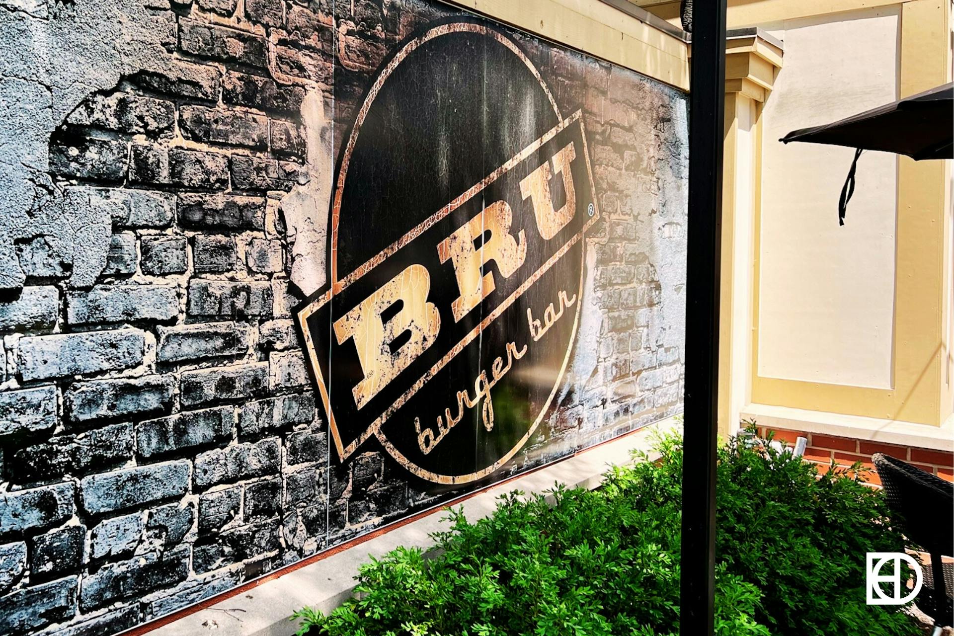 Exterior photo of Bru Burger, showing signage