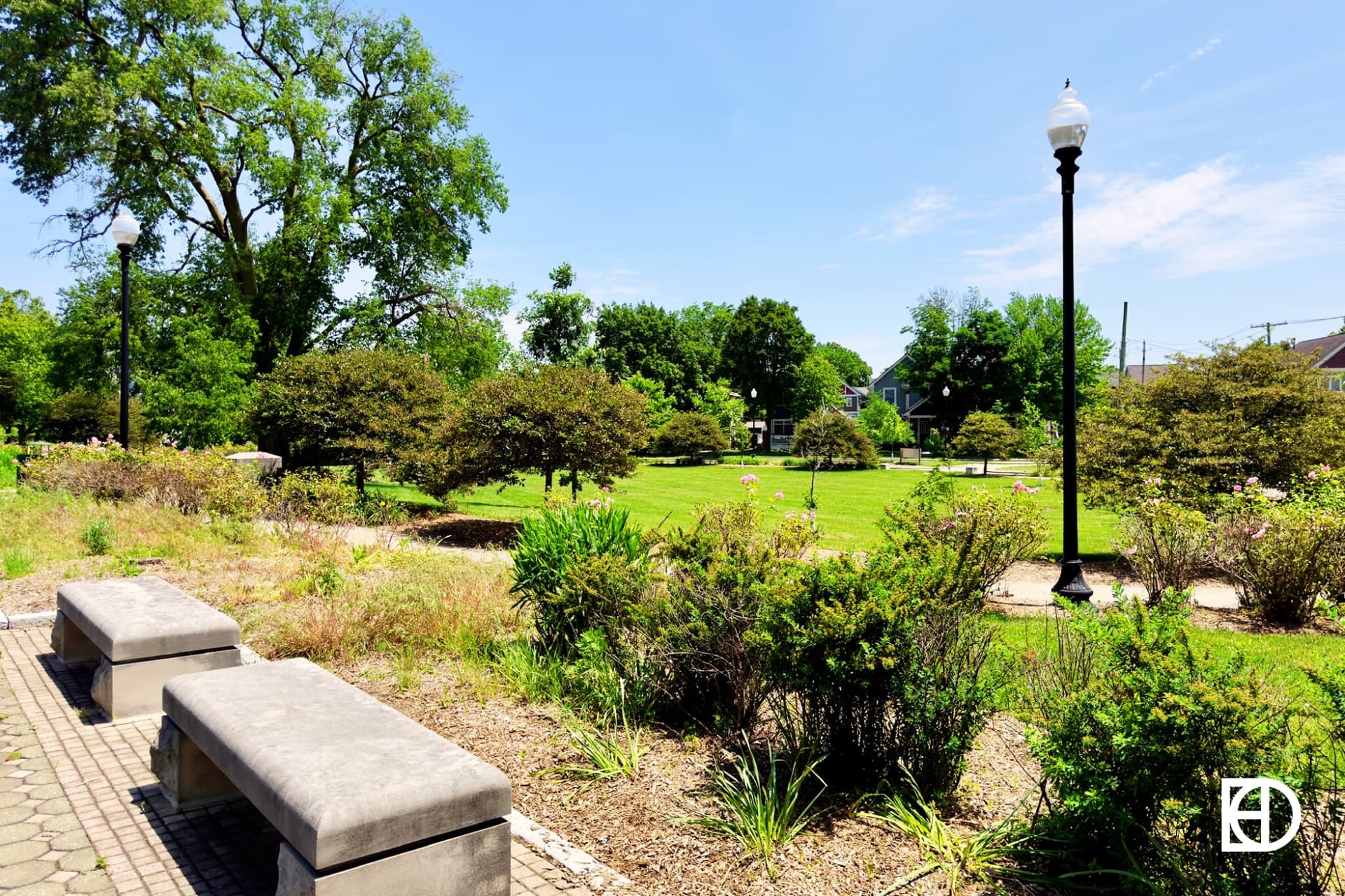 Exterior photo of Kessler Park, showing landscaping and benches