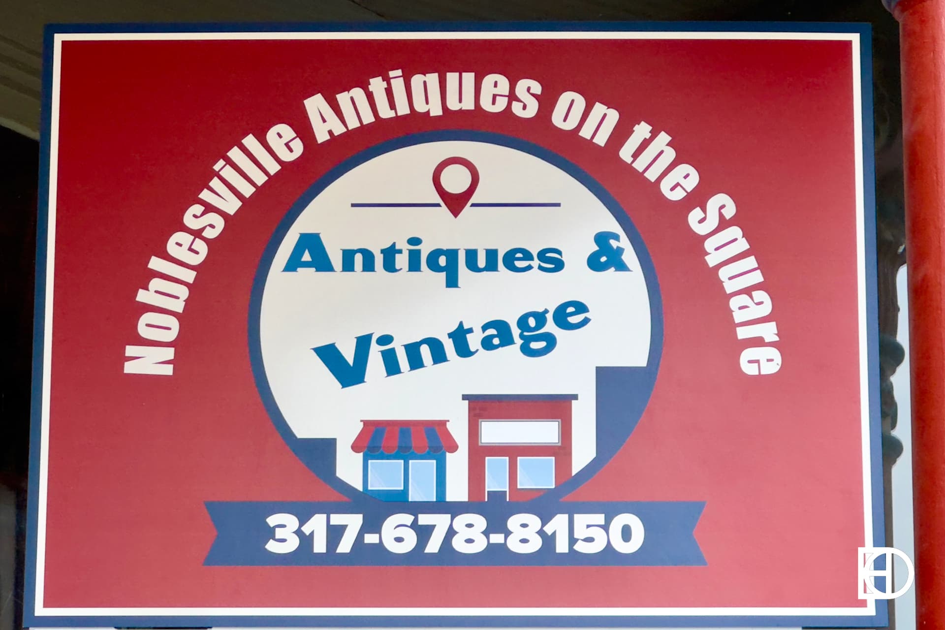 Exterior photo of Noblesville Antiques, showing signage