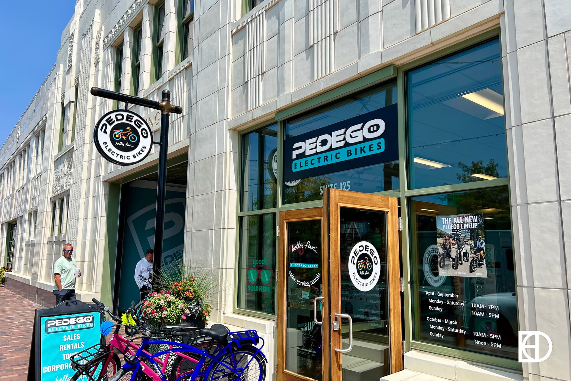 Exterior photo of Pedego, showing signage and entrance