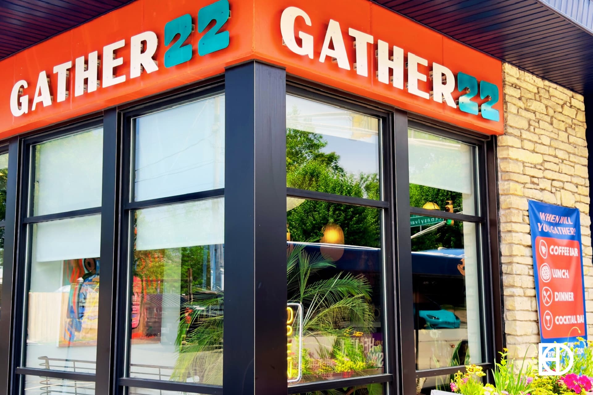 Exterior photo of Gather 22, showing signage and entrance