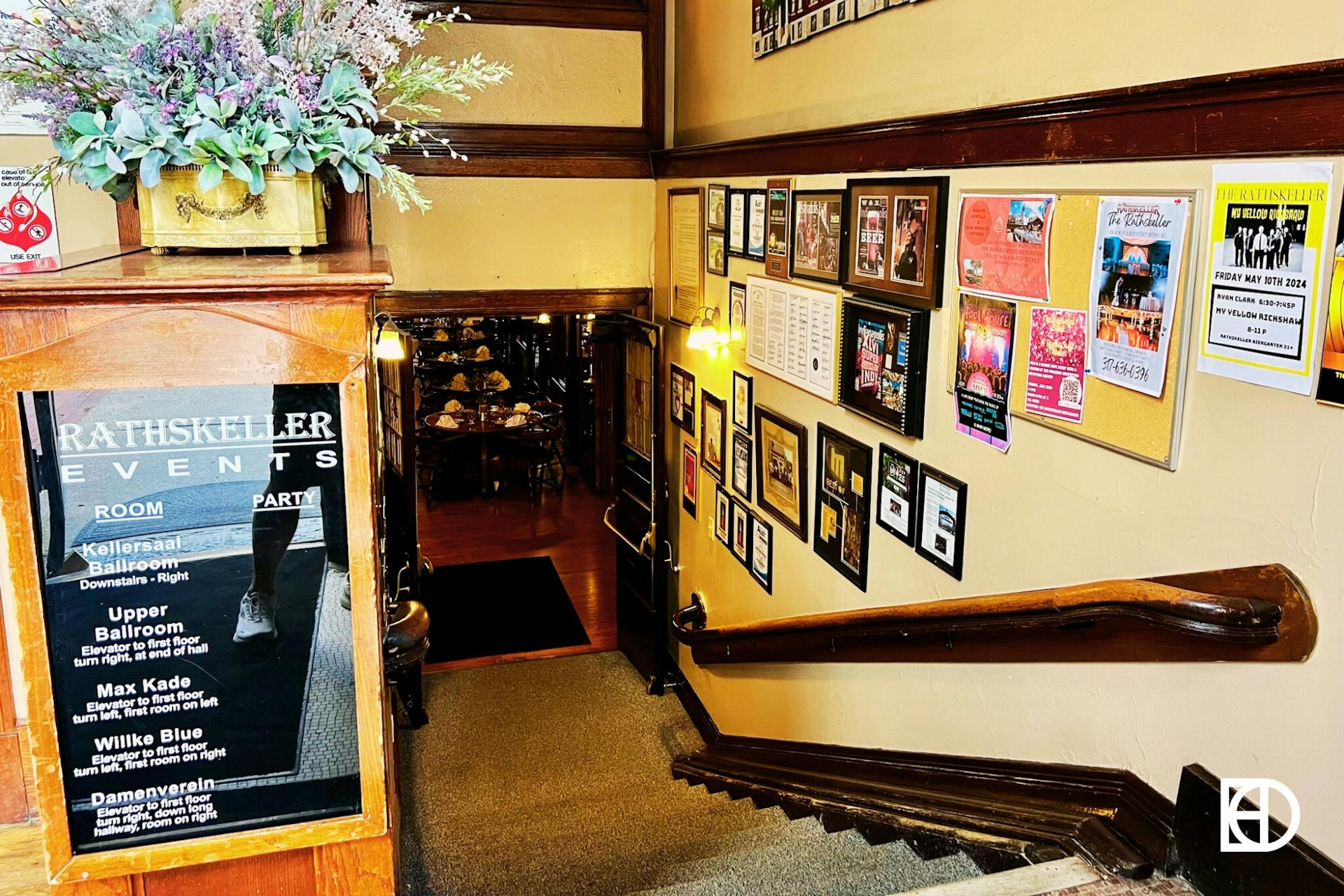 Interior photo of the stairs leading to The Rathskeller