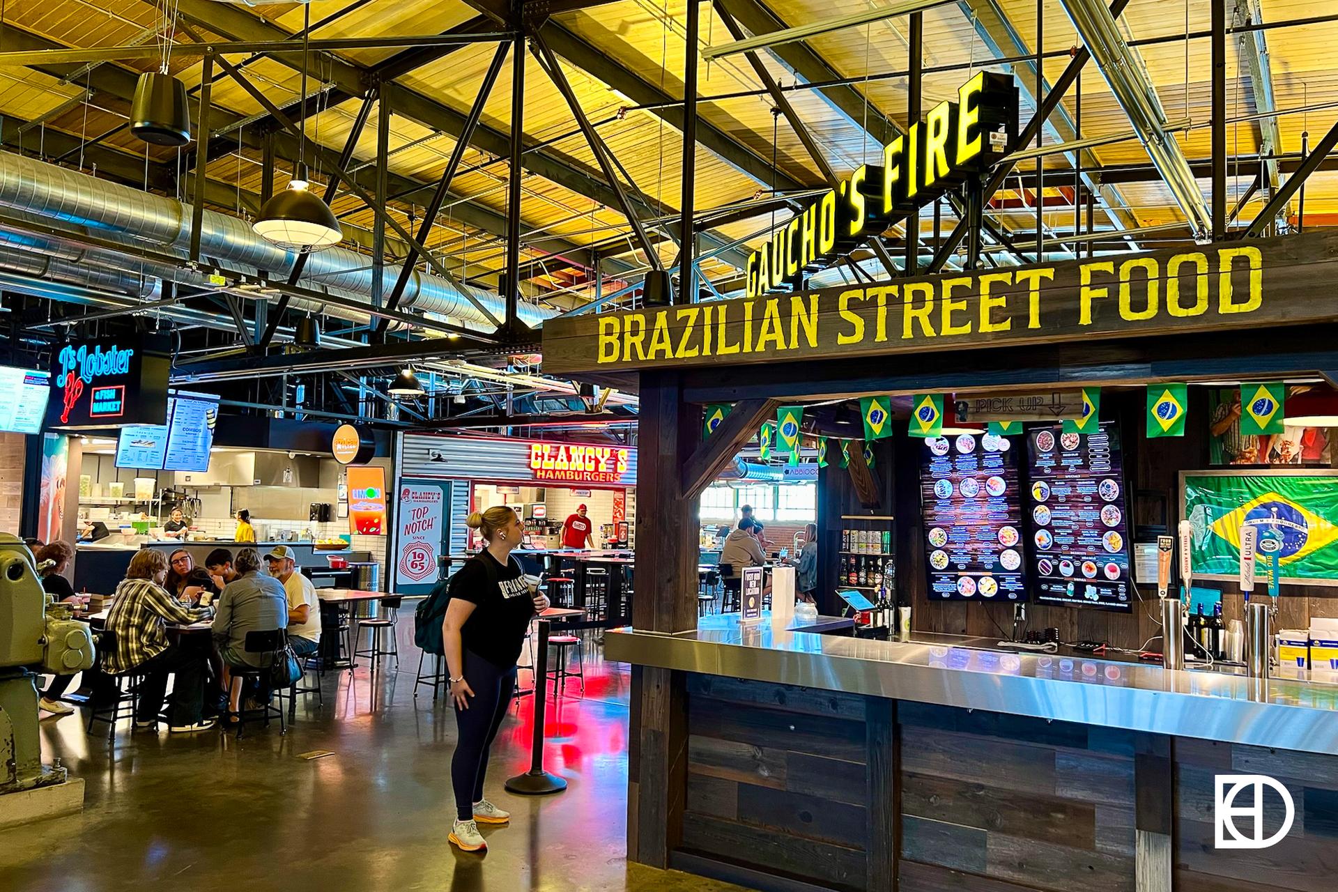 Interior photo of The Garage, showing food and beverage vendors