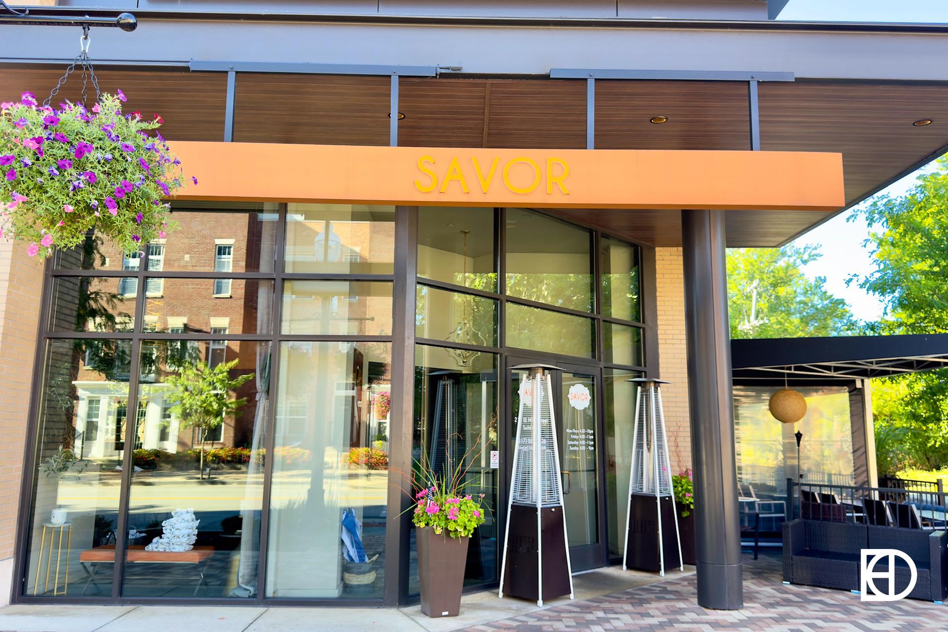 Exterior photo of Savor Restaurant, showing entrance