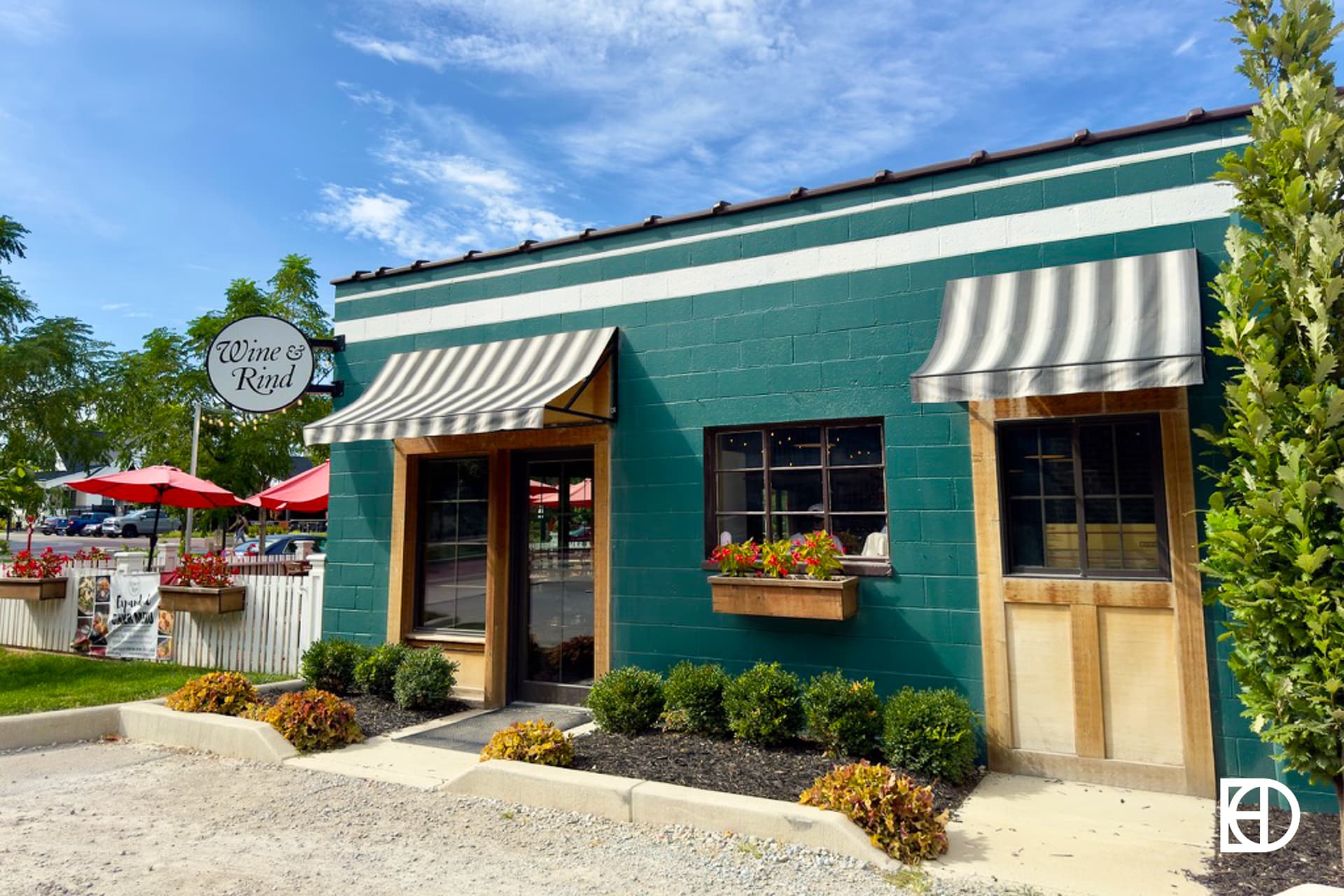 Exterior photo of Wine & Rind, showing entrance and patio