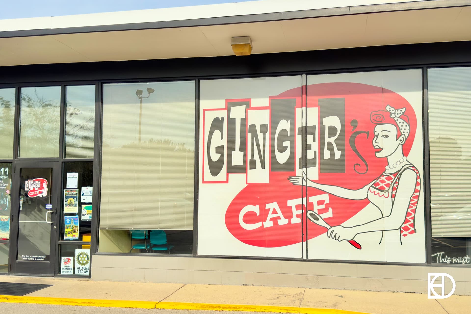 Exterior photo of Ginger's Cafe, showing signage and entrance