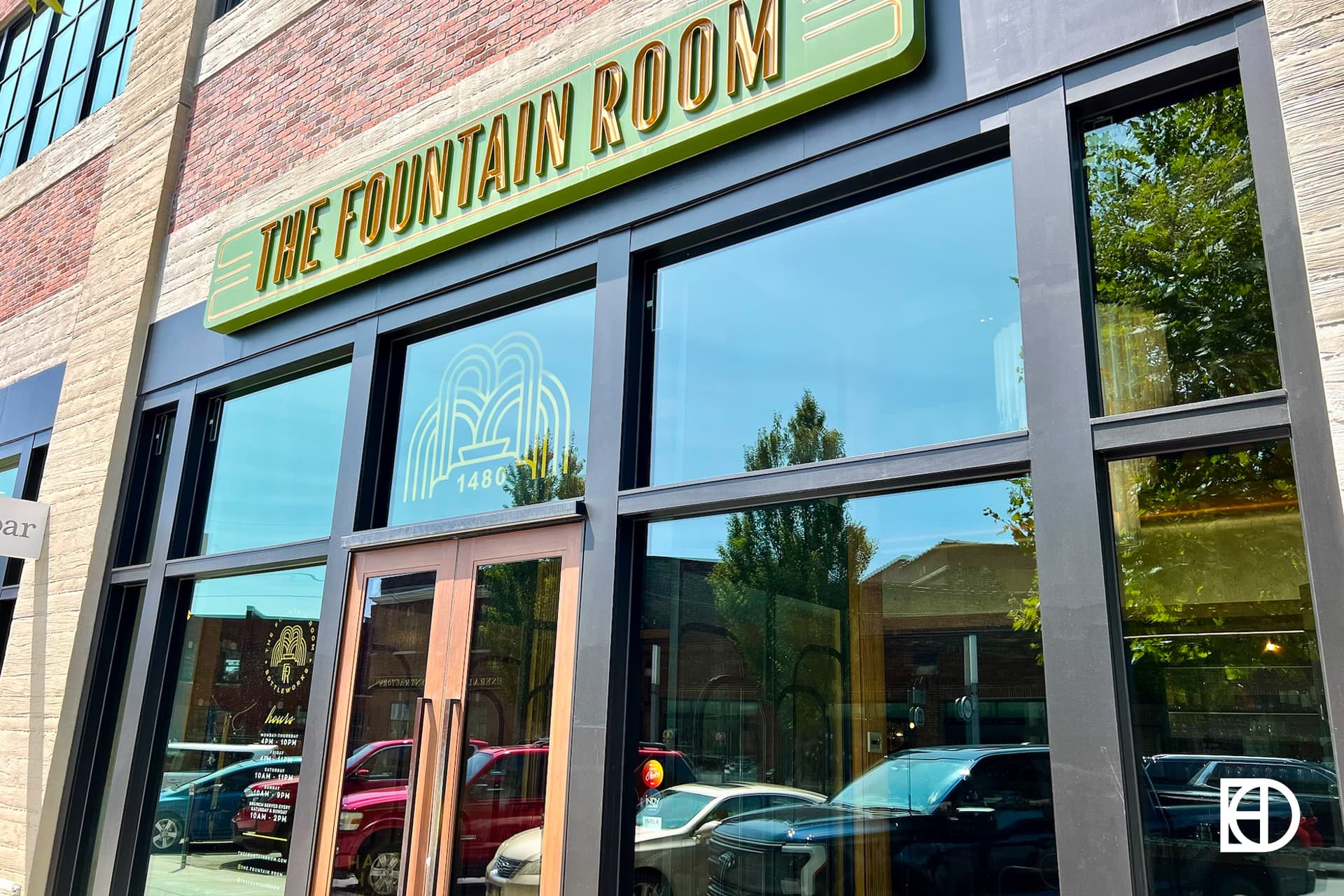 Exterior photo of The Fountain Room, showing signage and entrance