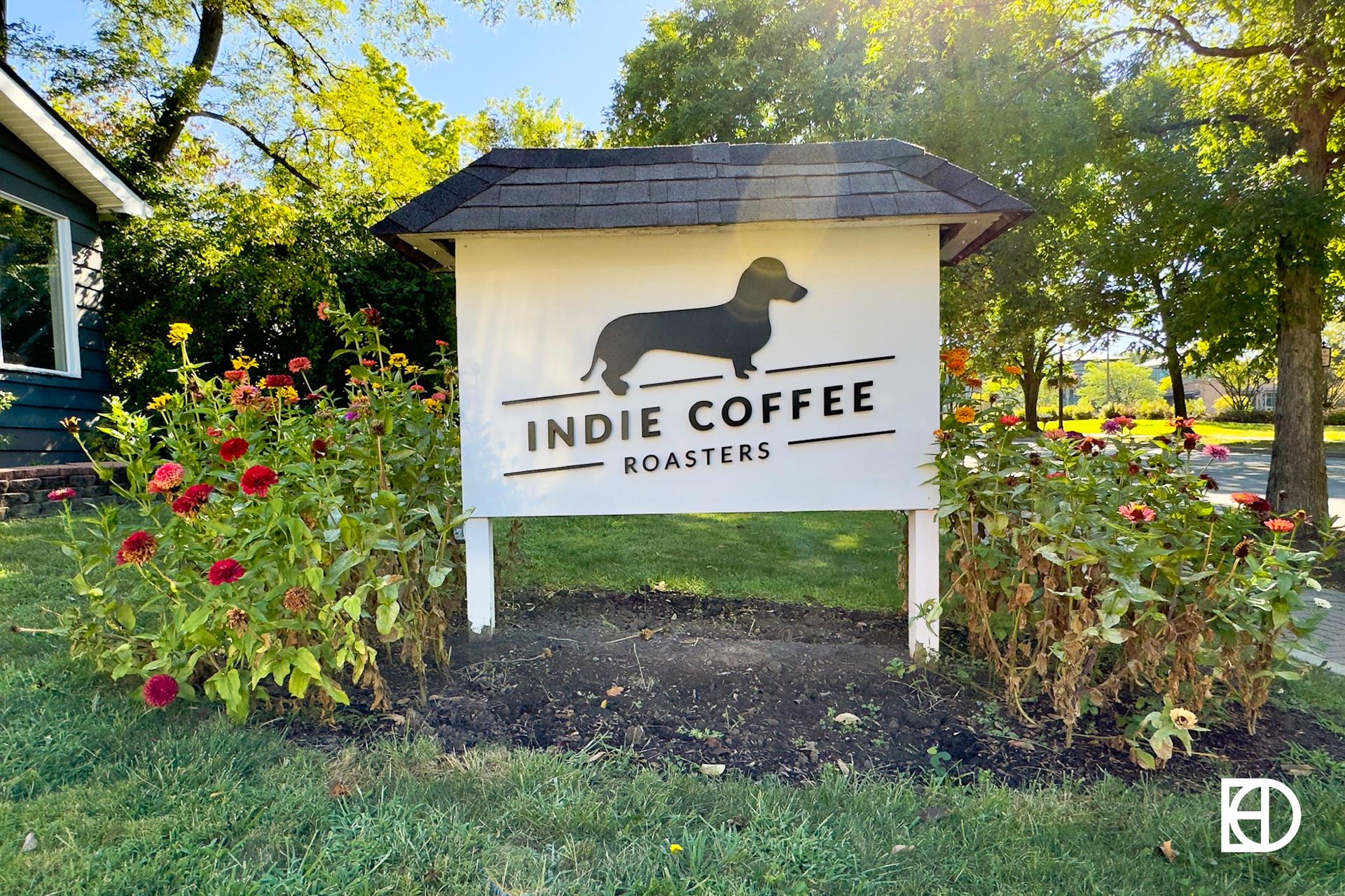 Exterior photo of Indie Coffee Roasters, showing signage 