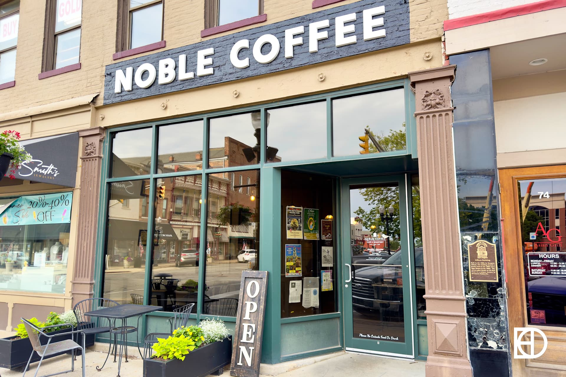 Exterior photo of Noble Coffee, showing signage and entrance