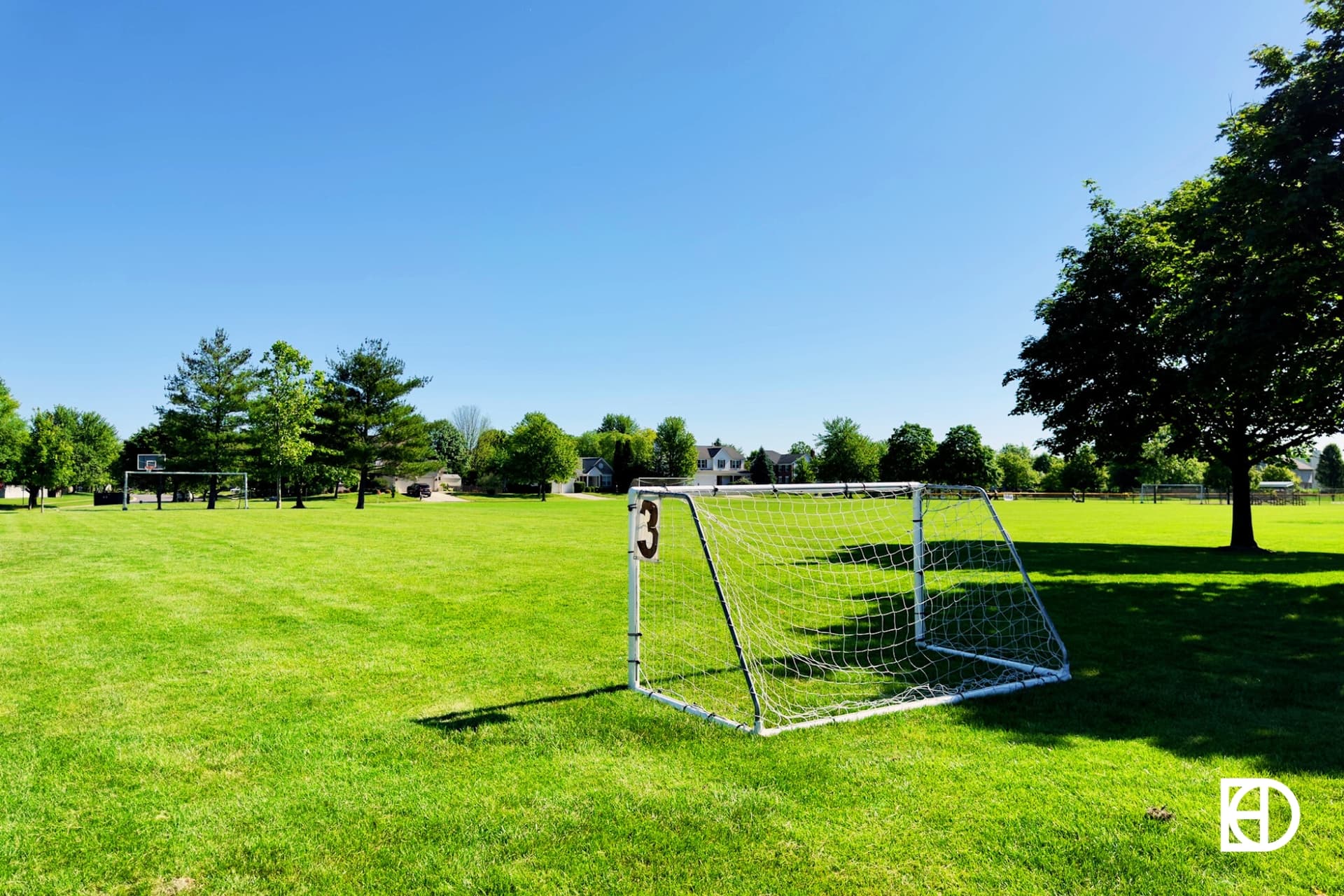 Exterior photo of Harrison Thompson Park, showing playing fields