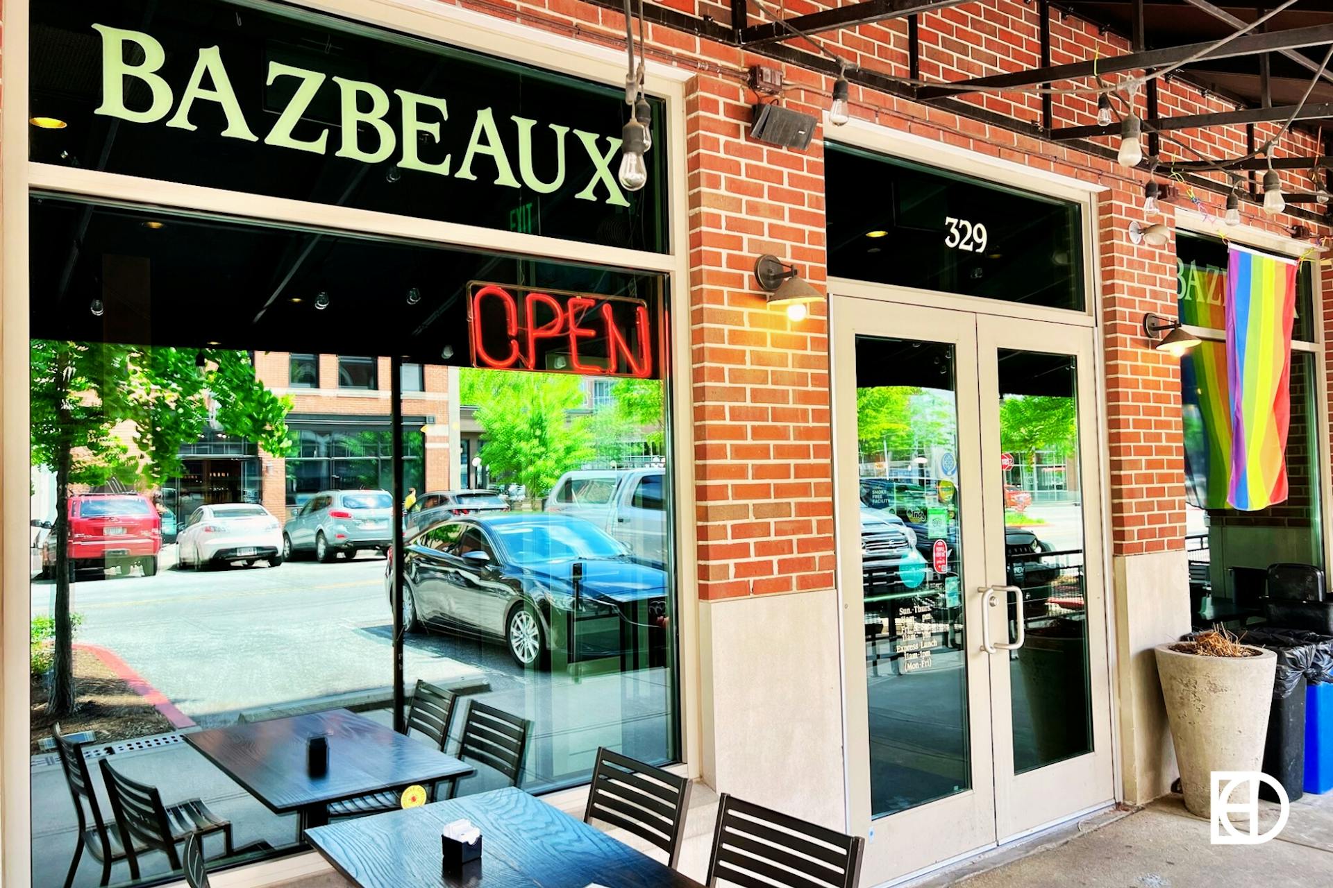 Exterior photo of entrance to Bazbeaux Pizza Downtown