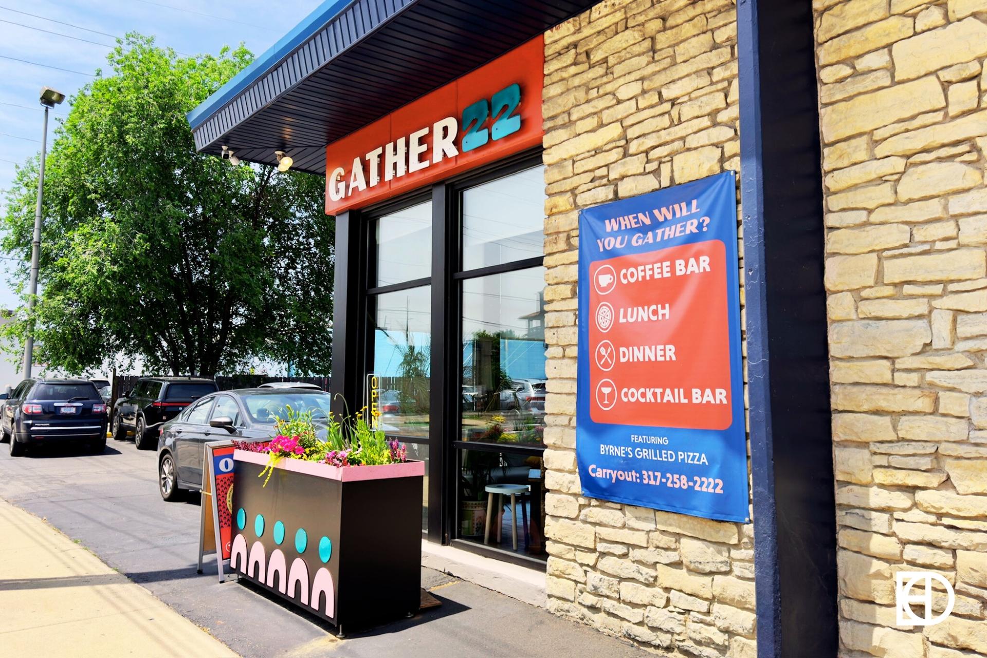 Exterior photo of Gather 22, showing signage and entrance