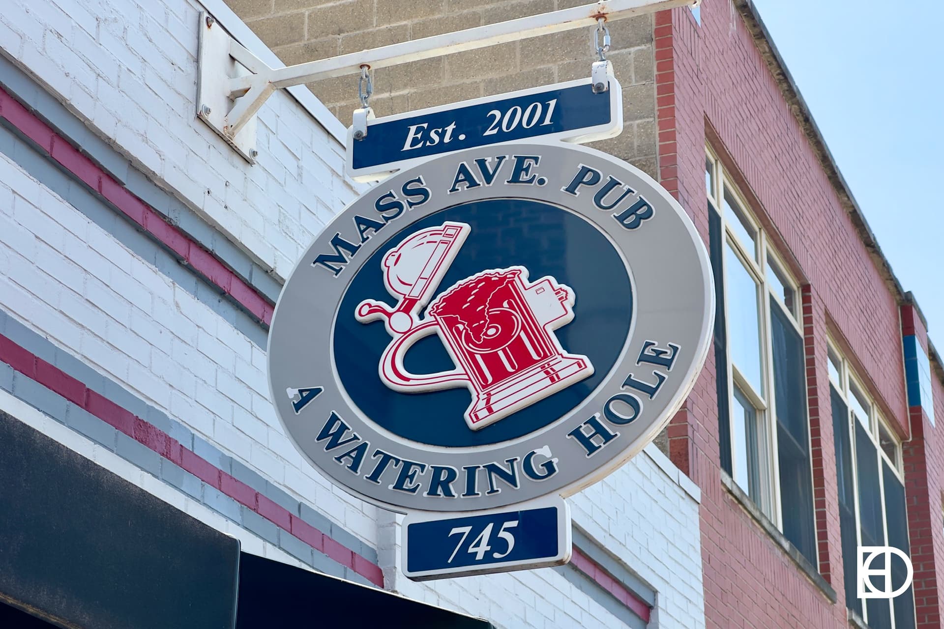 Exterior photo of Mass Ave Pub, showing signage