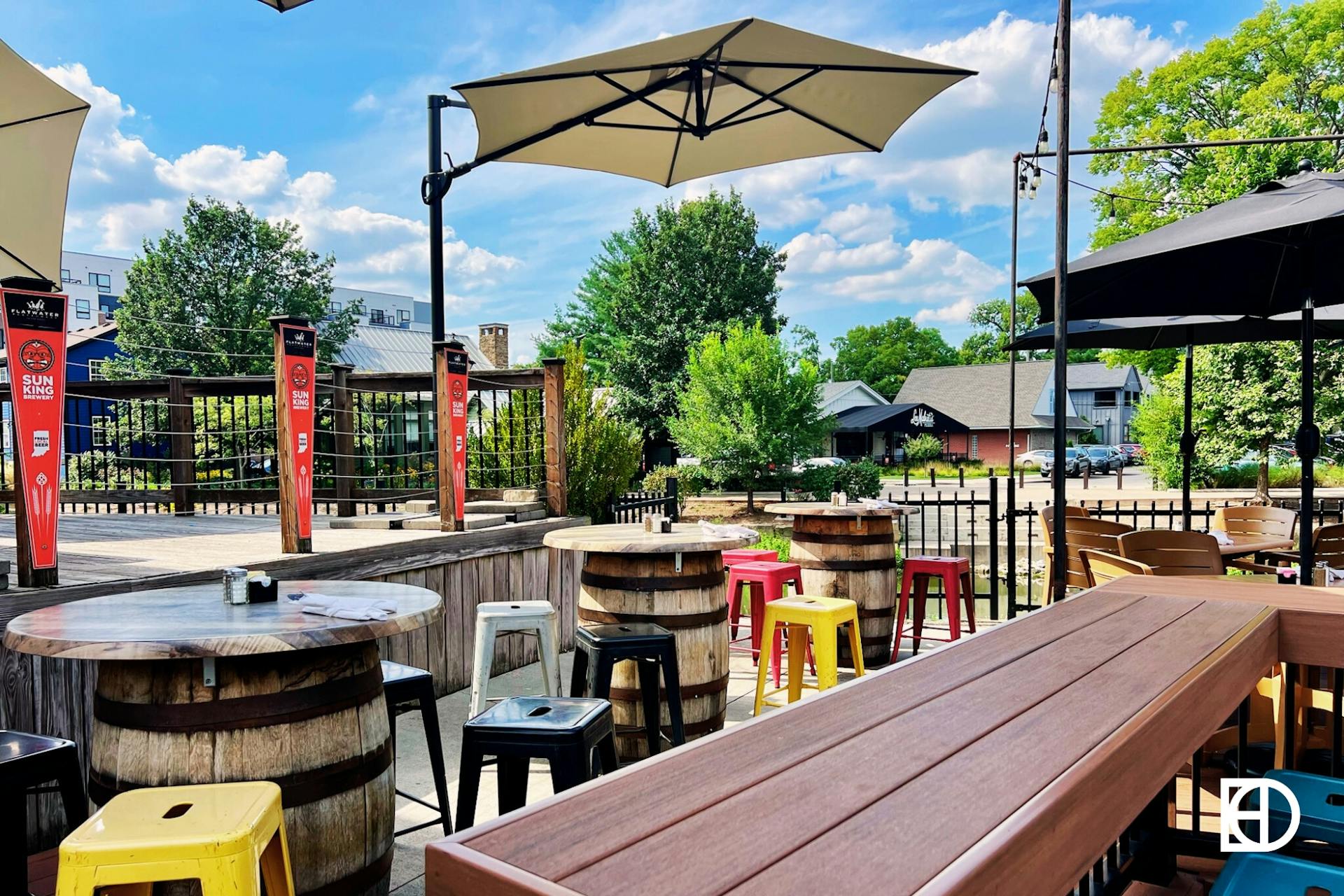 Outdoor photo of patio seating and bar at Flatwater