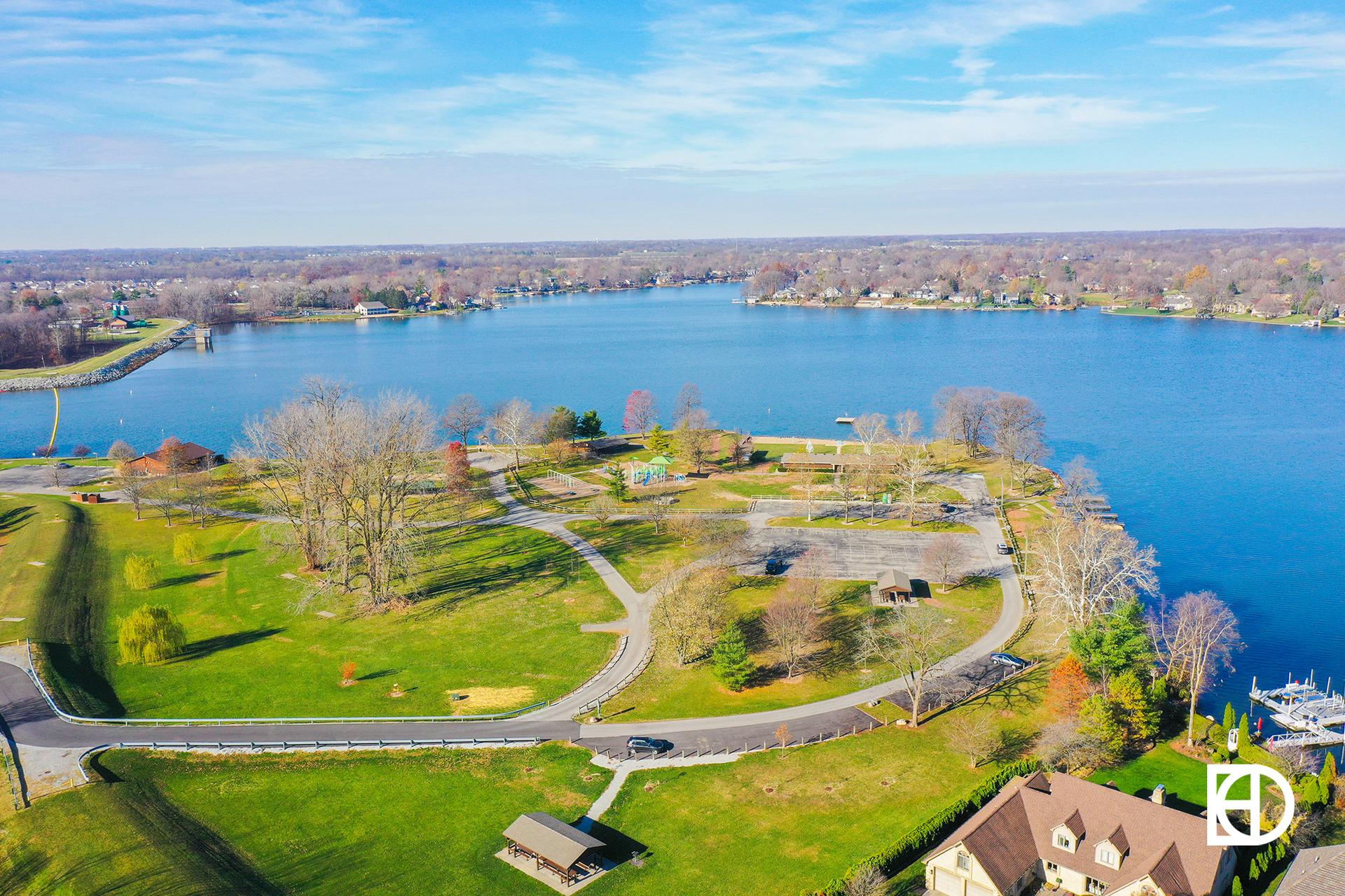 Exterior photo of Morse Park, showing aerial view of park and lake