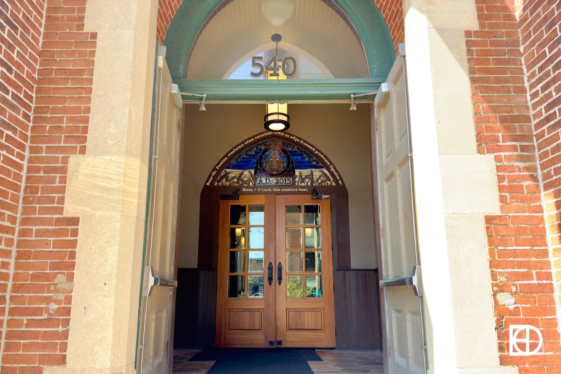 Exterior photo of St. Joseph Brewery, showing entrance