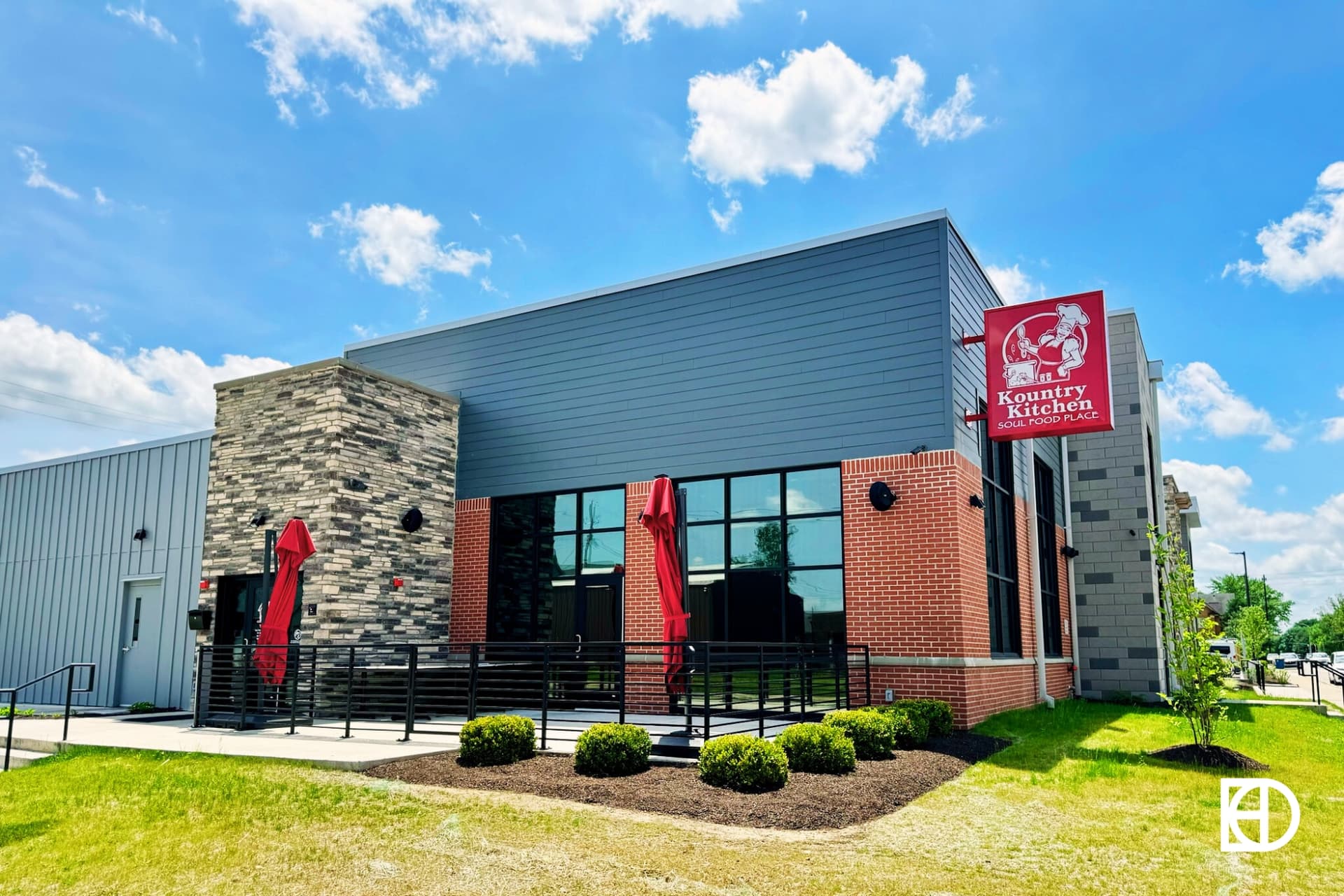 Exterior photo of Kountry Kitchen, showing patio and entrance